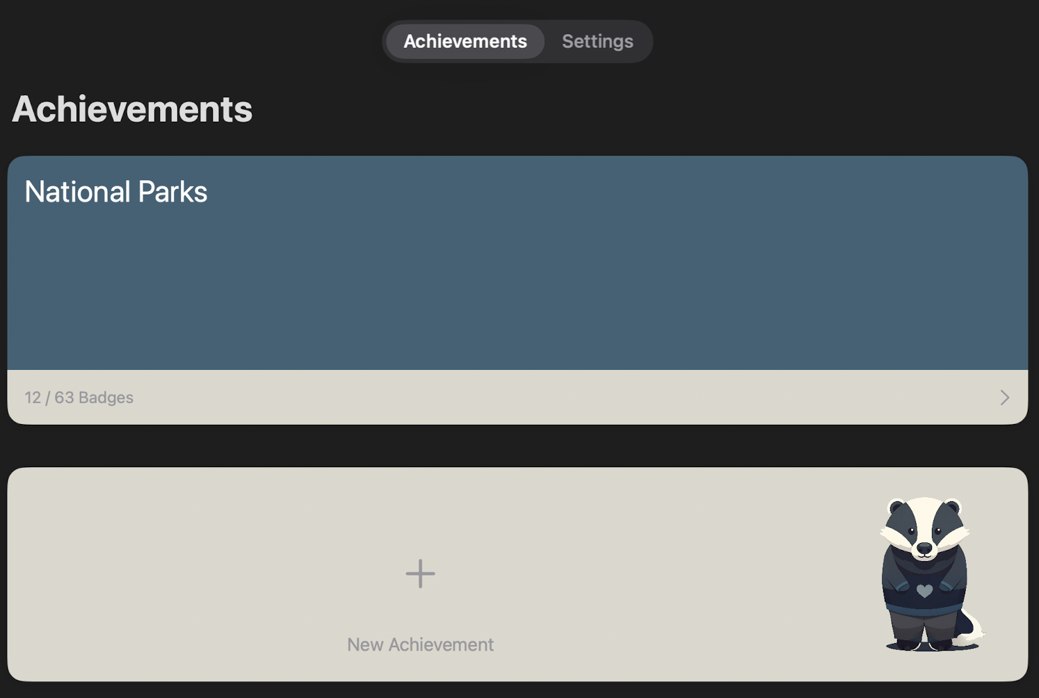 App screenshot showing national parks achievement